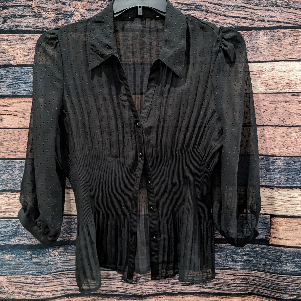 Black V Neck Button Down Accordion Waist Blouse